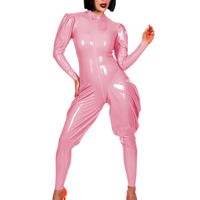 Exotic Shiny PVC Leather Solid Jumpsuits for Women Punk Front Zip Puff Sleeve Lantern Leg Zentai Fashion Casual Outdoor Rompers