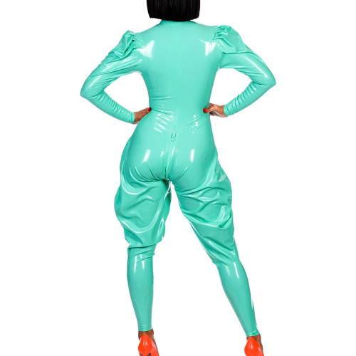 Exotic Shiny PVC Leather Solid Jumpsuits for Women Punk Front Zip Puff Sleeve Lantern Leg Zentai Fashion Casual Outdoor Rompers
