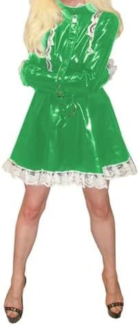PVC Lockable Sissy Cosplay Lolita Pleated Mini Dress Faux Latex Long Sleeve A-line Dress Club