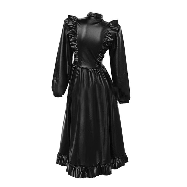 Gothic High Collar Ruffles Lace Long Dress Women Long Sleeves PU Matte Leather Dresses Vintage Sweet Coslay Sissy Lolita Dress