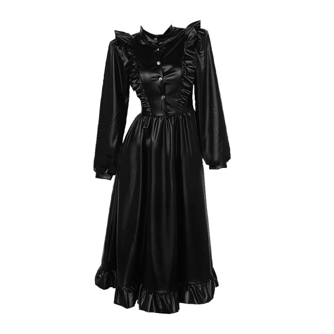 Gothic High Collar Ruffles Lace Long Dress Women Long Sleeves PU Matte Leather Dresses Vintage Sweet Coslay Sissy Lolita Dress