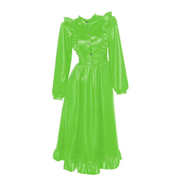 Gothic High Collar Ruffles Lace Long Dress Women Long Sleeves PU Matte Leather Dresses Vintage Sweet Coslay Sissy Lolita Dress