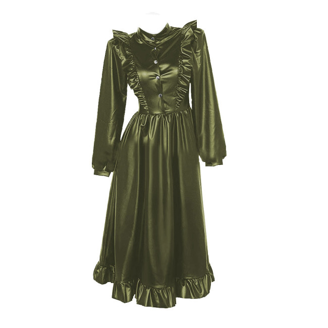 Gothic High Collar Ruffles Lace Long Dress Women Long Sleeves PU Matte Leather Dresses Vintage Sweet Coslay Sissy Lolita Dress