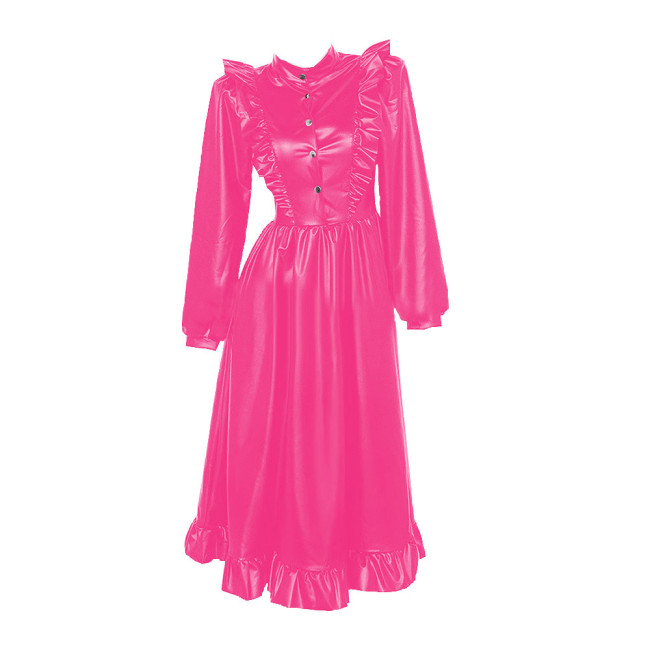 Gothic High Collar Ruffles Lace Long Dress Women Long Sleeves PU Matte Leather Dresses Vintage Sweet Coslay Sissy Lolita Dress