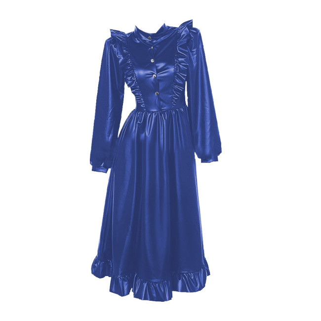Gothic High Collar Ruffles Lace Long Dress Women Long Sleeves PU Matte Leather Dresses Vintage Sweet Coslay Sissy Lolita Dress