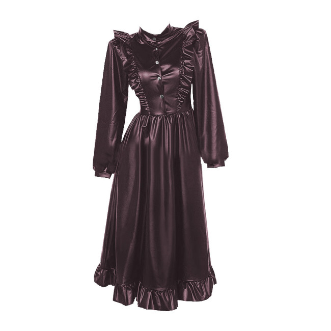 Gothic High Collar Ruffles Lace Long Dress Women Long Sleeves PU Matte Leather Dresses Vintage Sweet Coslay Sissy Lolita Dress