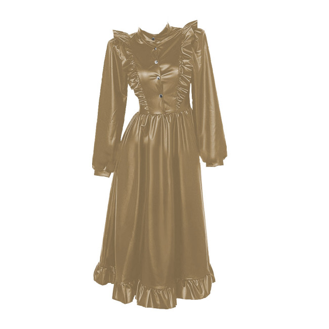Gothic High Collar Ruffles Lace Long Dress Women Long Sleeves PU Matte Leather Dresses Vintage Sweet Coslay Sissy Lolita Dress