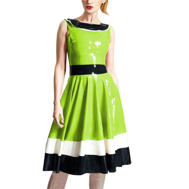 Fashion Patchwork Color Knee-length Dress for Women Elegant Ruffled Swing Midi Dress Sleeveless Bodycon Dress with Back Zipper