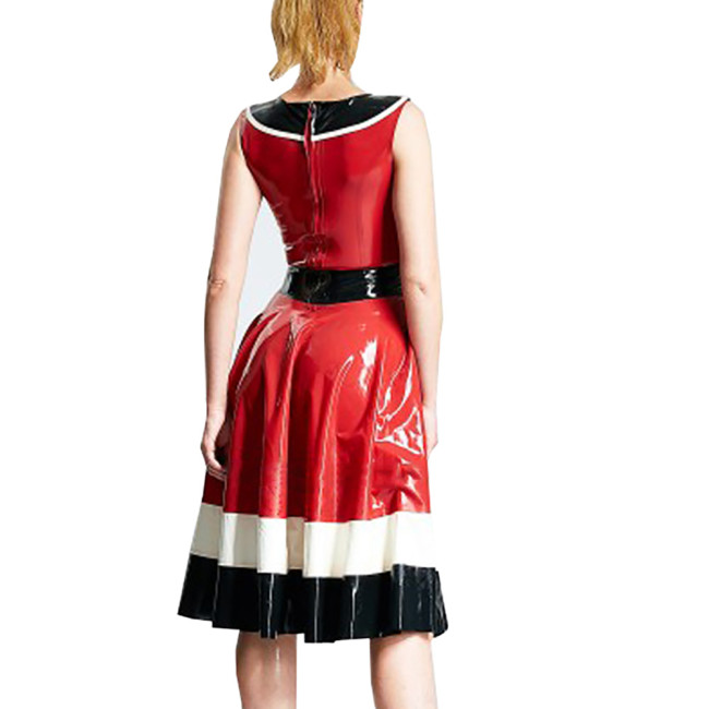 Fashion Patchwork Color Knee-length Dress for Women Elegant Ruffled Swing Midi Dress Sleeveless Bodycon Dress with Back Zipper