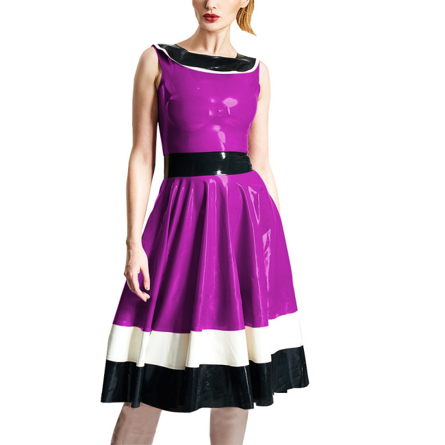 Fashion Patchwork Color Knee-length Dress for Women Elegant Ruffled Swing Midi Dress Sleeveless Bodycon Dress with Back Zipper