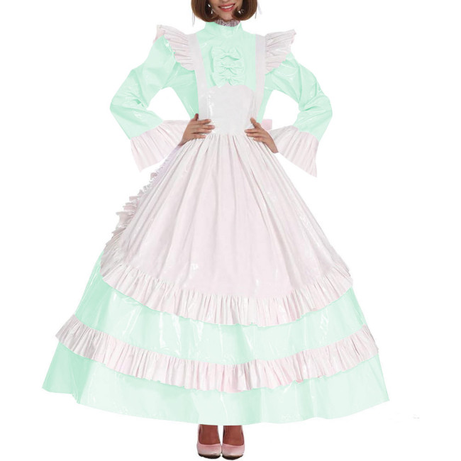 Lolita Cross Dressing Sissy Maid Long Dress Outfits Lockable Vinyl PVC Leather Maxi Maid Uniform Party Halloween Cosplay Costume