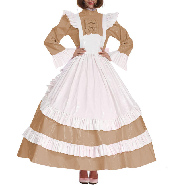 Lolita Cross Dressing Sissy Maid Long Dress Outfits Lockable Vinyl PVC Leather Maxi Maid Uniform Party Halloween Cosplay Costume