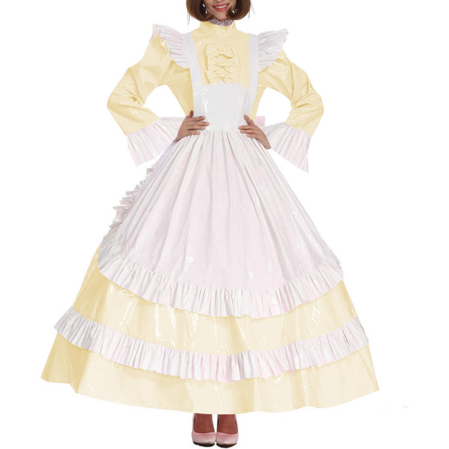 Lolita Cross Dressing Sissy Maid Long Dress Outfits Lockable Vinyl PVC Leather Maxi Maid Uniform Party Halloween Cosplay Costume