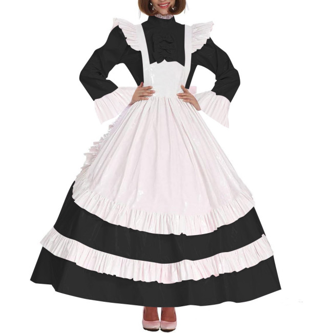 Lolita Cross Dressing Sissy Maid Long Dress Outfits Lockable Vinyl PVC Leather Maxi Maid Uniform Party Halloween Cosplay Costume