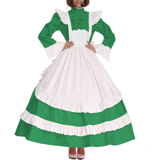 Lolita Cross Dressing Sissy Maid Long Dress Outfits Lockable Vinyl PVC Leather Maxi Maid Uniform Party Halloween Cosplay Costume