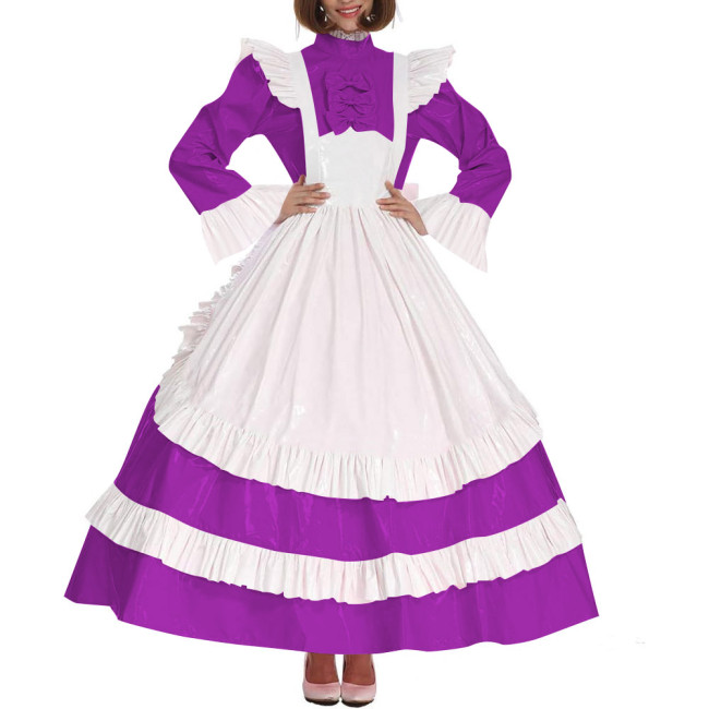 Lolita Cross Dressing Sissy Maid Long Dress Outfits Lockable Vinyl PVC Leather Maxi Maid Uniform Party Halloween Cosplay Costume