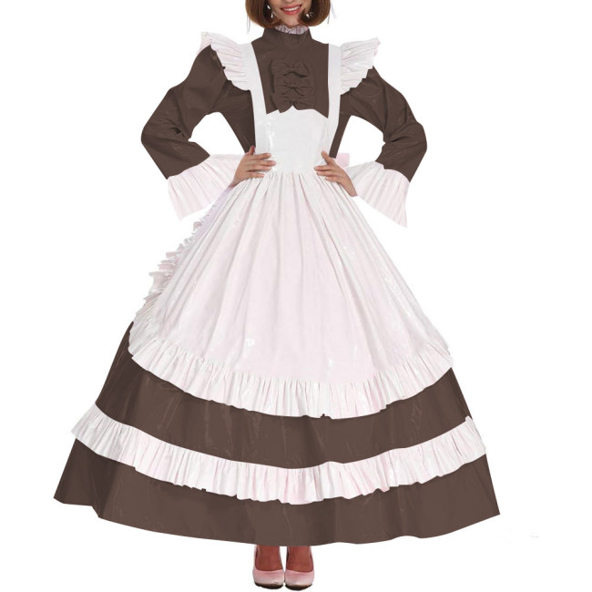 Lolita Cross Dressing Sissy Maid Long Dress Outfits Lockable Vinyl PVC Leather Maxi Maid Uniform Party Halloween Cosplay Costume