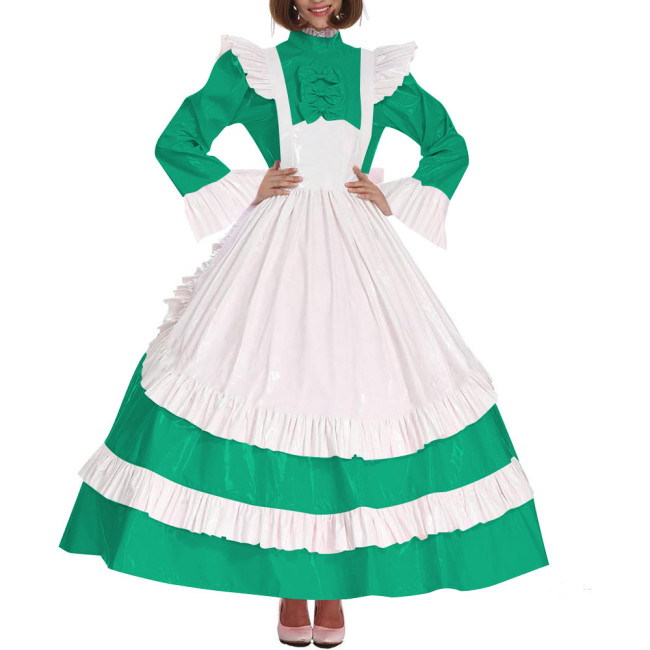 Lolita Cross Dressing Sissy Maid Long Dress Outfits Lockable Vinyl PVC Leather Maxi Maid Uniform Party Halloween Cosplay Costume