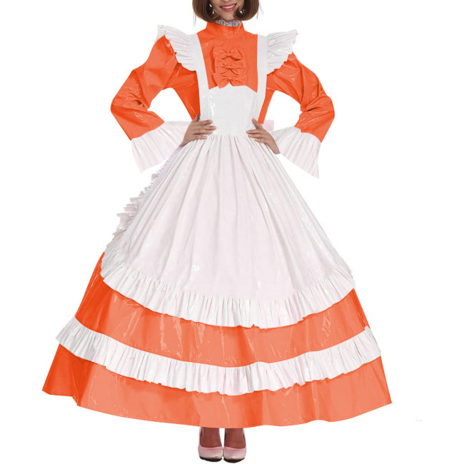 Lolita Cross Dressing Sissy Maid Long Dress Outfits Lockable Vinyl PVC Leather Maxi Maid Uniform Party Halloween Cosplay Costume