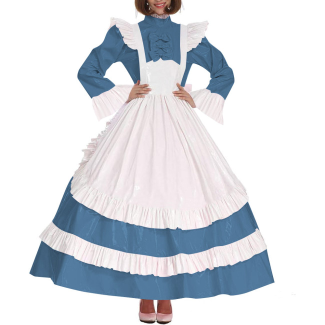 Lolita Cross Dressing Sissy Maid Long Dress Outfits Lockable Vinyl PVC Leather Maxi Maid Uniform Party Halloween Cosplay Costume