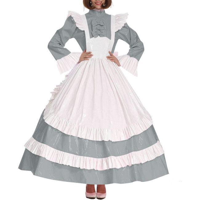 Lolita Cross Dressing Sissy Maid Long Dress Outfits Lockable Vinyl PVC Leather Maxi Maid Uniform Party Halloween Cosplay Costume