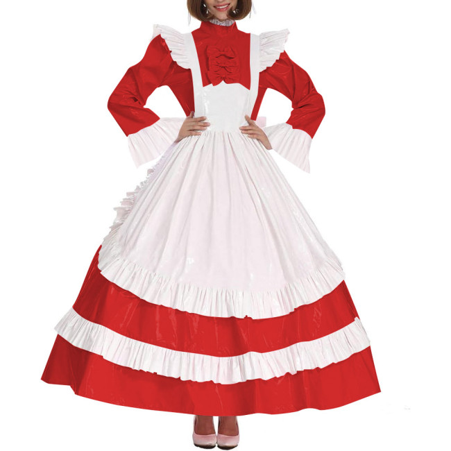 Lolita Cross Dressing Sissy Maid Long Dress Outfits Lockable Vinyl PVC Leather Maxi Maid Uniform Party Halloween Cosplay Costume