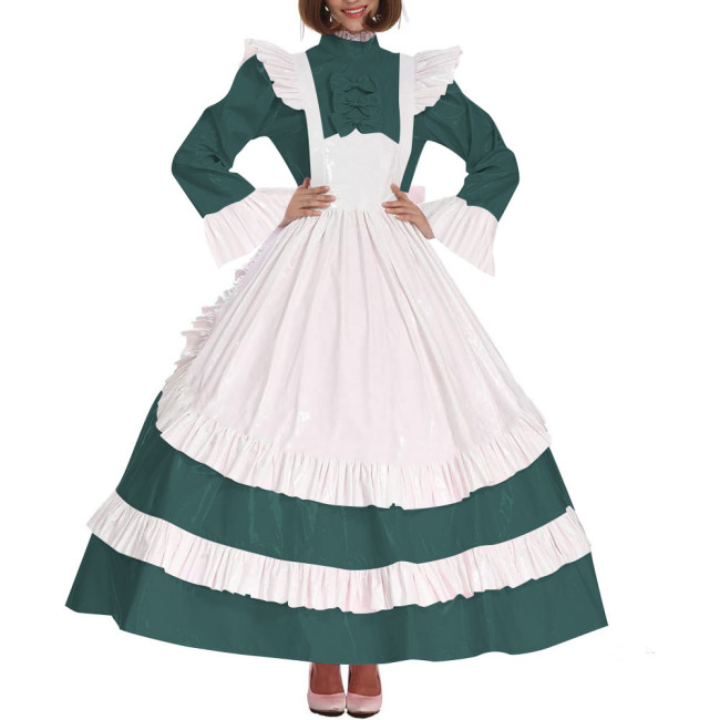 Lolita Cross Dressing Sissy Maid Long Dress Outfits Lockable Vinyl PVC Leather Maxi Maid Uniform Party Halloween Cosplay Costume