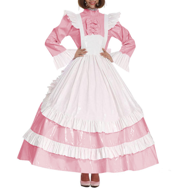 Lolita Cross Dressing Sissy Maid Long Dress Outfits Lockable Vinyl PVC Leather Maxi Maid Uniform Party Halloween Cosplay Costume