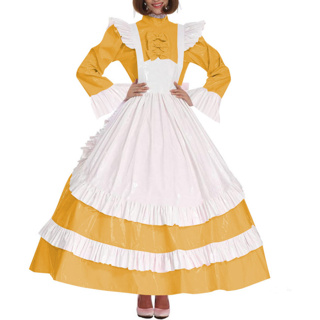 Lolita Cross Dressing Sissy Maid Long Dress Outfits Lockable Vinyl PVC Leather Maxi Maid Uniform Party Halloween Cosplay Costume