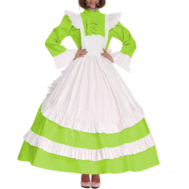 Lolita Cross Dressing Sissy Maid Long Dress Outfits Lockable Vinyl PVC Leather Maxi Maid Uniform Party Halloween Cosplay Costume