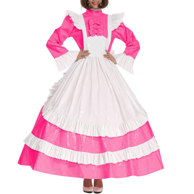 Lolita Cross Dressing Sissy Maid Long Dress Outfits Lockable Vinyl PVC Leather Maxi Maid Uniform Party Halloween Cosplay Costume