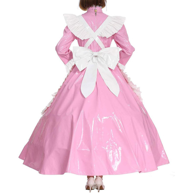 Lolita Cross Dressing Sissy Maid Long Dress Outfits Lockable Vinyl PVC Leather Maxi Maid Uniform Party Halloween Cosplay Costume