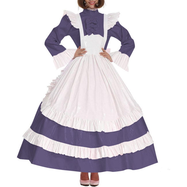 Lolita Cross Dressing Sissy Maid Long Dress Outfits Lockable Vinyl PVC Leather Maxi Maid Uniform Party Halloween Cosplay Costume