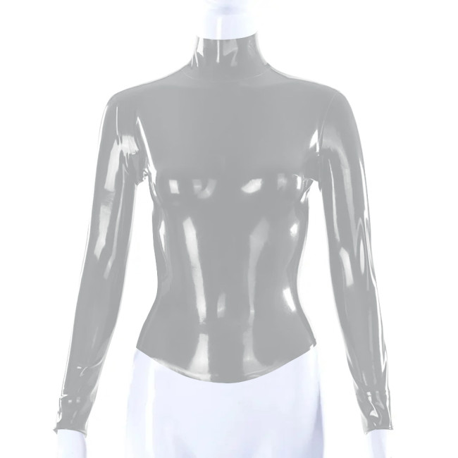 Shiny PVC Leather Latex Look Women Slim Fit T-shirt Back Zipper Long Sleeve High Neck Shirt Bodycon Blouse All-match Tops