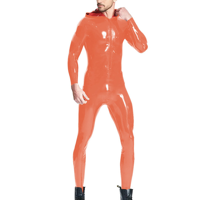 Man High Street Latex Look Jumpsuit Shiny PVC Leather Candy Color Hooded Rompers Long Sleeve Front Zip Teddies Club Stage Attire