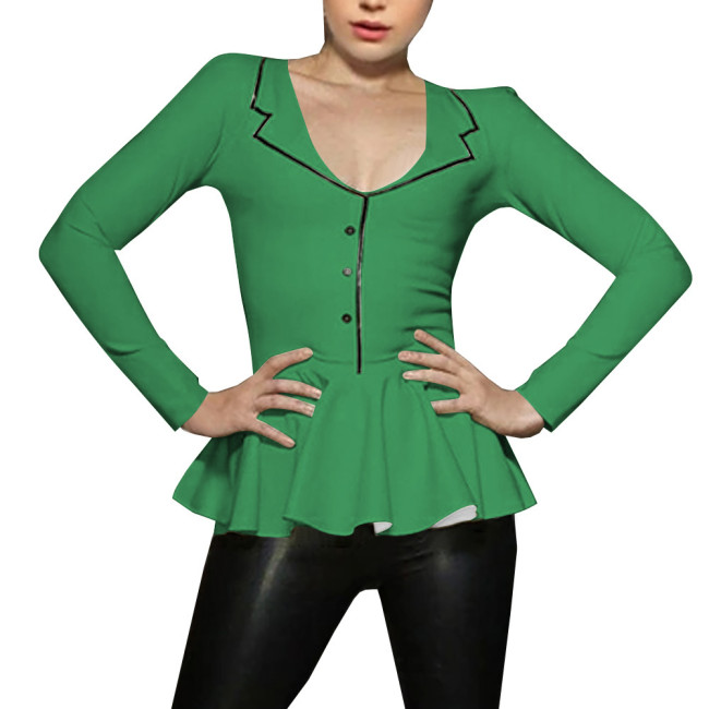 Spliced A-line Mermaid Women Shirt Sigle-breasted Lapel Long Sleeve Bodycon Blouse Latex Look Office Lady Fashion Match Tops
