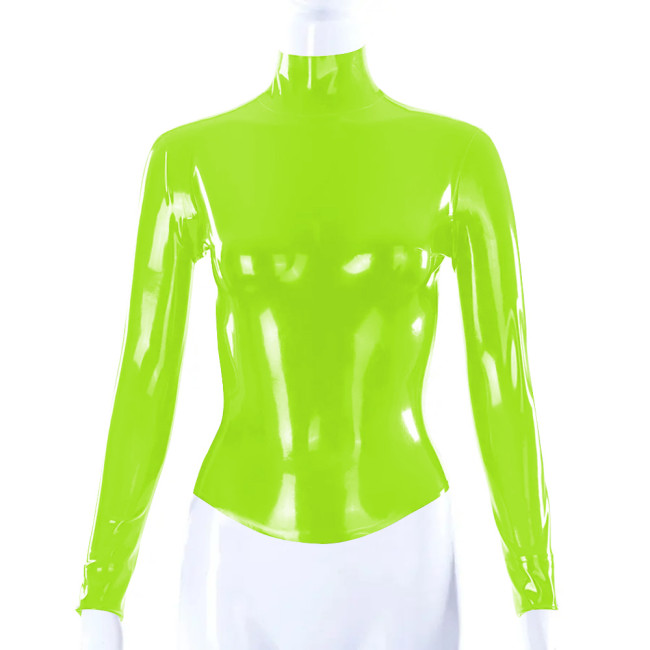 Shiny PVC Leather Latex Look Women Slim Fit T-shirt Back Zipper Long Sleeve High Neck Shirt Bodycon Blouse All-match Tops