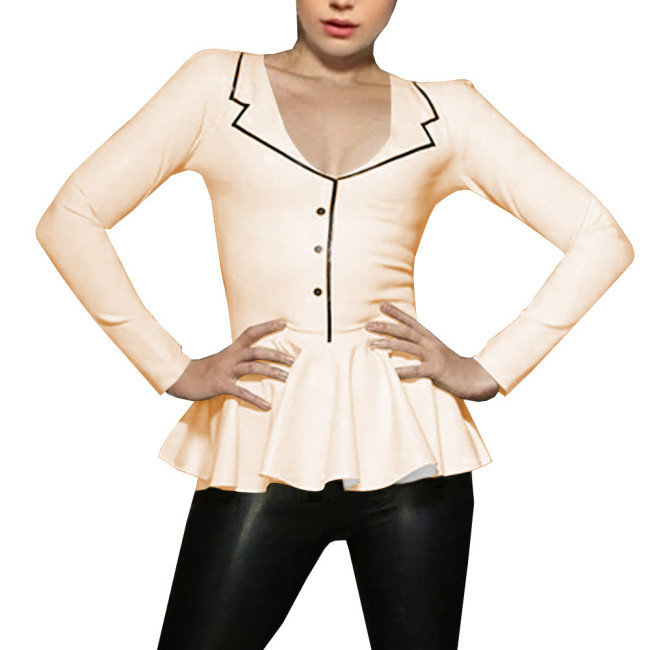 Spliced A-line Mermaid Women Shirt Sigle-breasted Lapel Long Sleeve Bodycon Blouse Latex Look Office Lady Fashion Match Tops