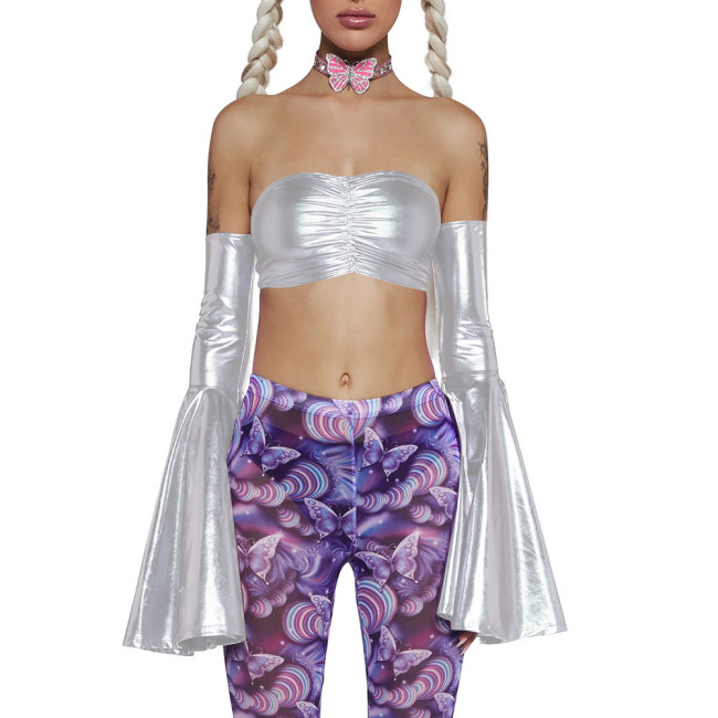 Women 2Pcs Set Oversleeve+chest Binder Holographic Laser Flared Cuff Sexy Backless Bodycon Chest Wrap Exotic Crop Tops