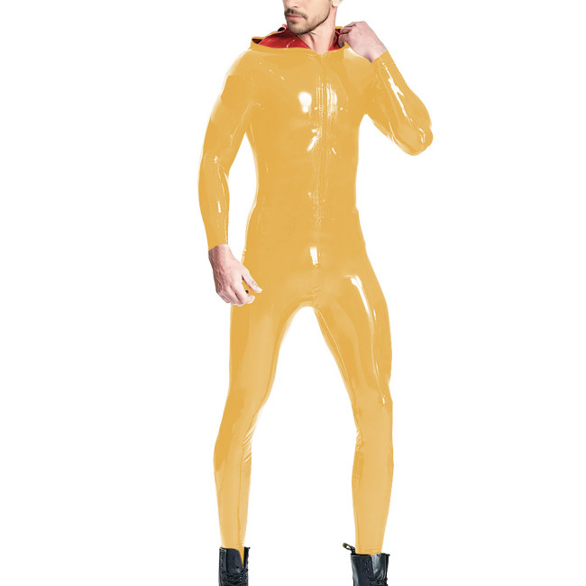 Man High Street Latex Look Jumpsuit Shiny PVC Leather Candy Color Hooded Rompers Long Sleeve Front Zip Teddies Club Stage Attire