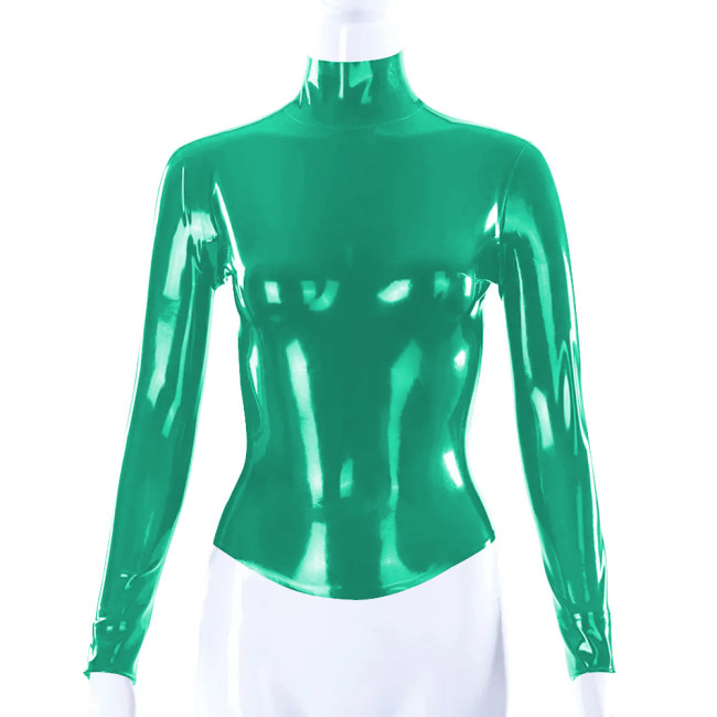 Shiny PVC Leather Latex Look Women Slim Fit T-shirt Back Zipper Long Sleeve High Neck Shirt Bodycon Blouse All-match Tops