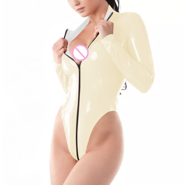 Long Sleeve Front Zip To Crotch Bodysuit Shiny PVC Leather Latex Look Catsuits Sexy Ravely Party Club Pole Dance Wear Gay Fetish