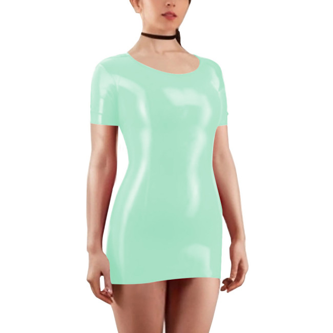 Scoop Neck Short Sleeve Solid Color Women Bodycon Mini Dress Shiny PVC Leather Faux Latex Skinny Wrap Hip Sheath Casual Appreal