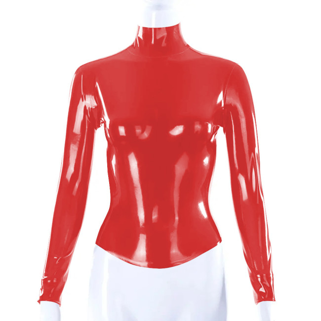 Shiny PVC Leather Latex Look Women Slim Fit T-shirt Back Zipper Long Sleeve High Neck Shirt Bodycon Blouse All-match Tops