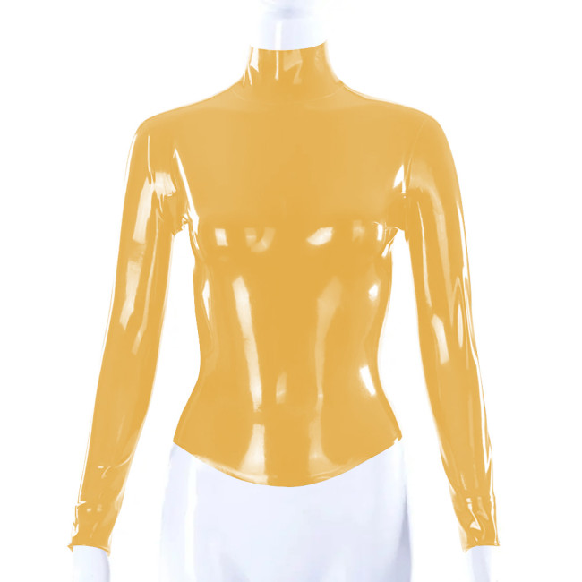 Shiny PVC Leather Latex Look Women Slim Fit T-shirt Back Zipper Long Sleeve High Neck Shirt Bodycon Blouse All-match Tops