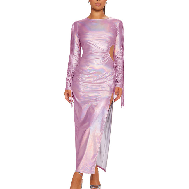 Holographic Laser Women Sexy High Split Bodycon Robe Long Sleeve Crew Neck Long Dress Solid Ccolor Slim Fit Maxi Dresses