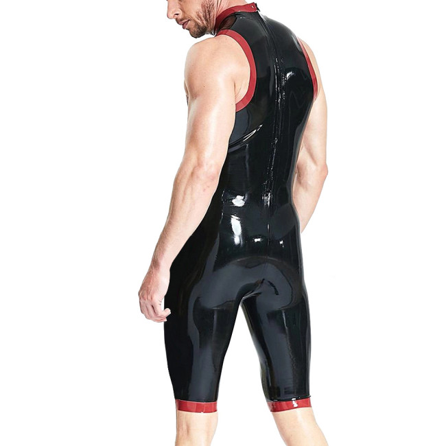 Patchwork Man Bodycon Bodysuits Latex Look Fetish Skintight Catsuit High Neck Sleeveless Back Zip Slim Teddies Sexy Club Attire