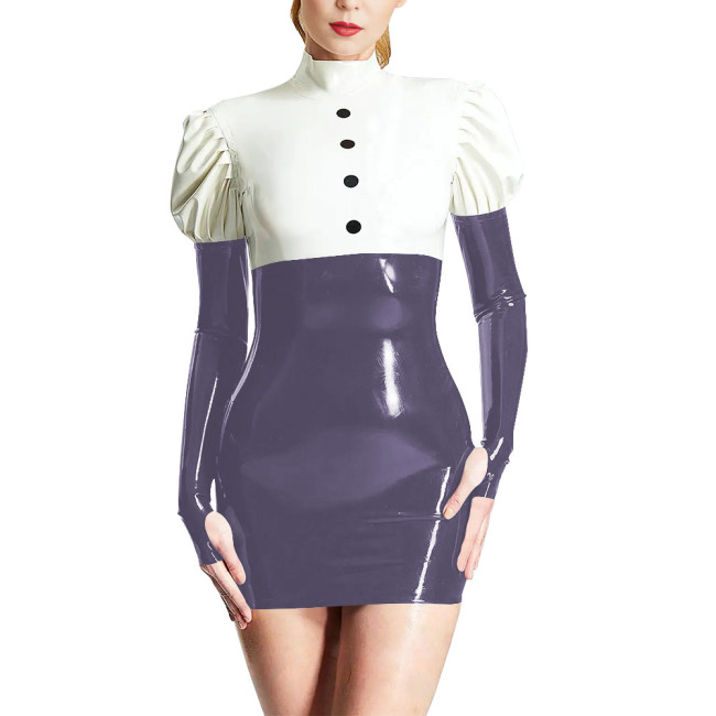 Back Zipper High Neck Long Sleeve Dress Novelty Patchwork Bodycon Mini Dress Sexy Package Hip Skintight Pencil Vestido for Women