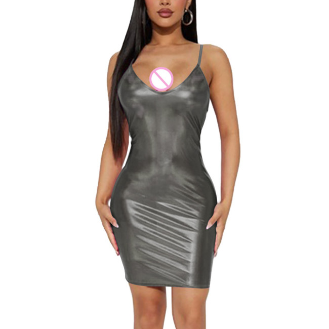 Women Erotic Spaghetti Slip Bodycon Dress Sexy Package Hips Skintight Mini Dress Holographic Laser Sundress Exotic Dancewear