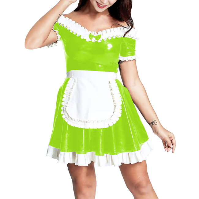 Slash V-neck Women Bodycon Ruffled Maid Dress with Apron Patchwork Ruched Hems  A-line Pleated Mini Dress Maid Cosplay Costume